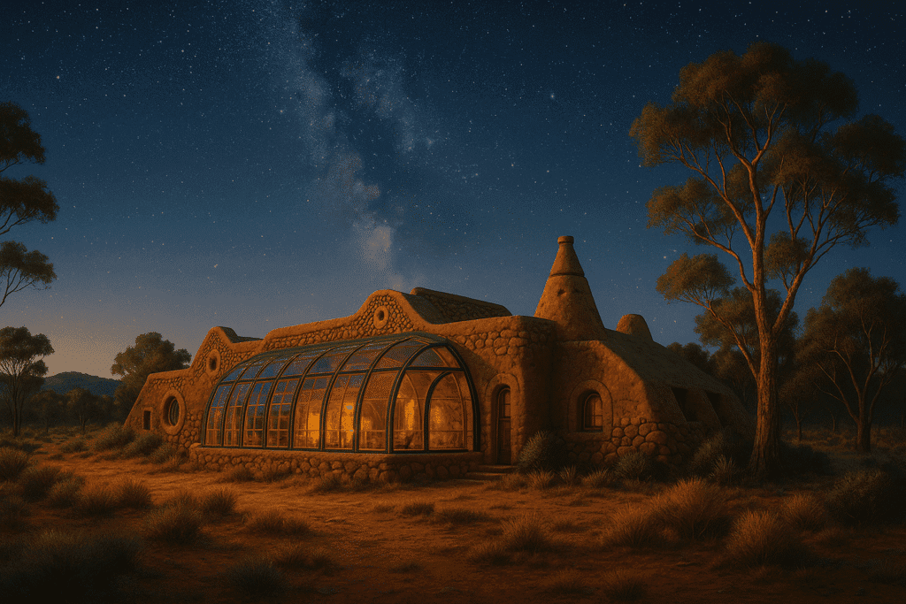 Solaria Sustainable Living. An earthship-style building with a greenhouse atrium set in an arid Australian landscape at dusk, concept image for the Solaria Regenerative Community Project