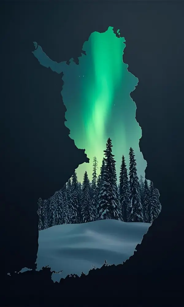 Finland Basic Income Experiment - Stylised Finland image overlaid with snow and Aurora Borealis