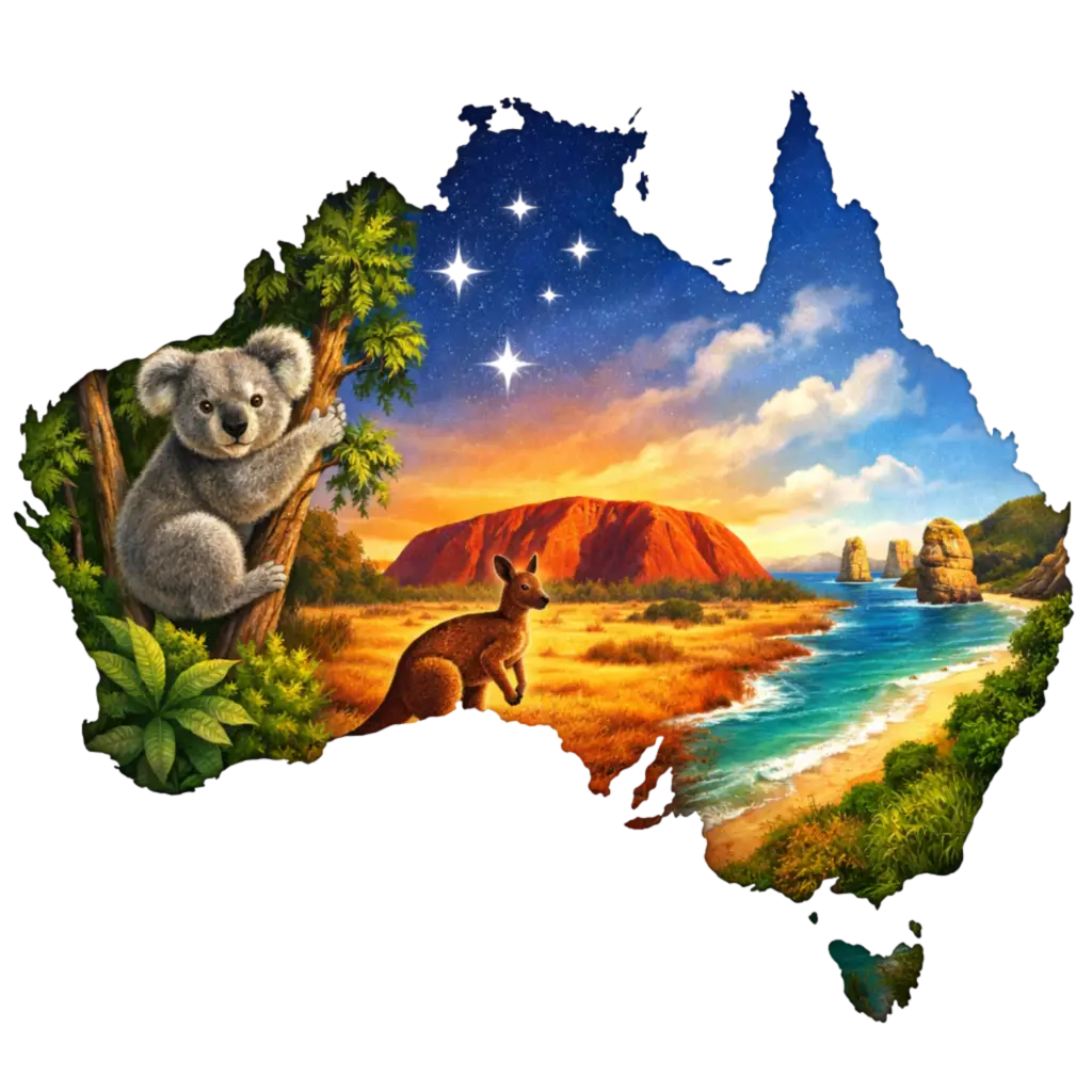 Universal Basic Income Australia - Illustrated map of Australia showing Uluru, a kangaroo, a koala, forest, desert, beach, and the Southern Cross constellation.
