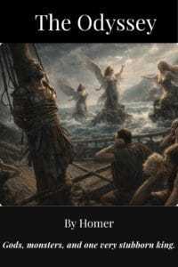 Book cover for The Odyssey by Homer, translated by Samuel Butler, featuring a dramatic scene of Odysseus bound to the mast as the Sirens sing — available free in the Atlas Bibliotheca