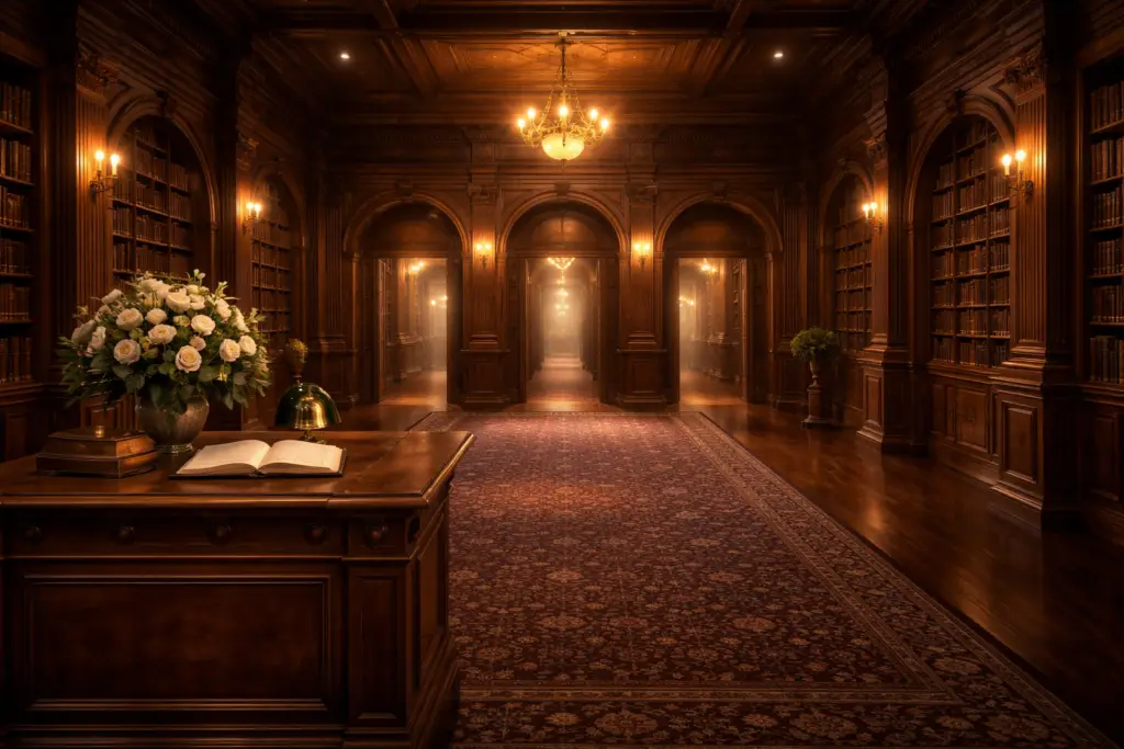 The Atrium - Entrance hall of the Atlas Librabry - a grand Victorian building with mahogany panelling, candlelight, and arched doorways leading to six wings of curated knowledge.