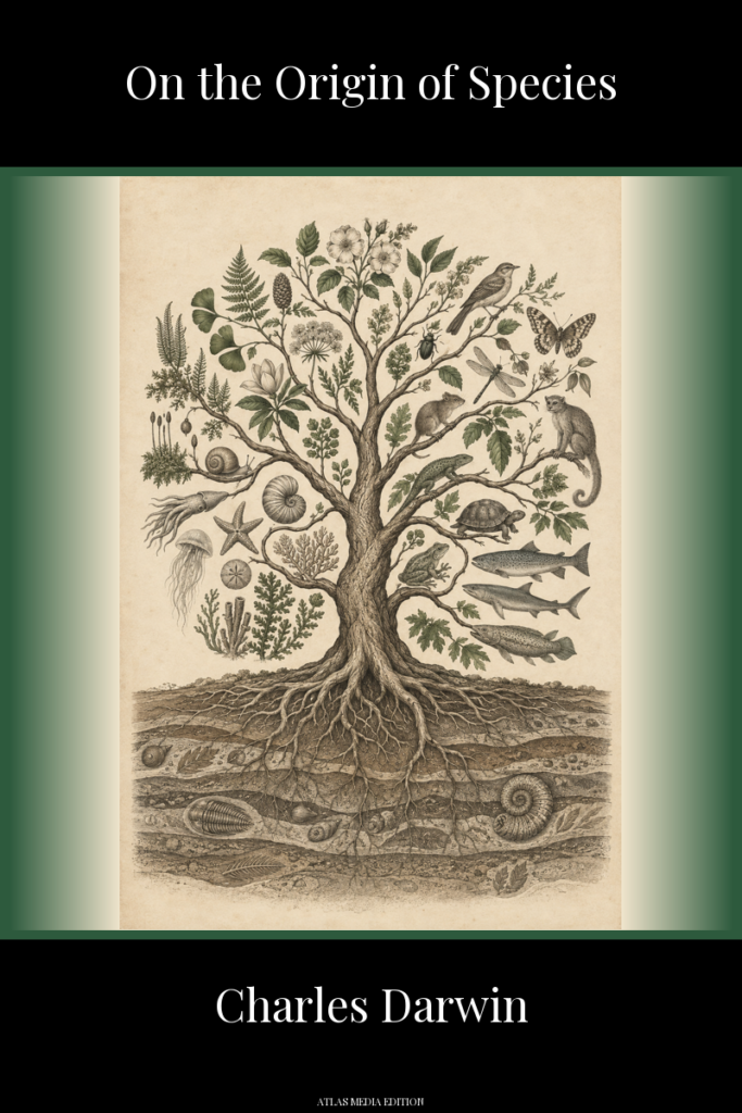 On the Origin of Species by Charles Darwin — Atlas Media edition cover featuring a branching tree surrounded by plants, animals and fossils.