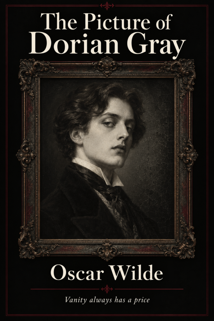 The Picture of Dorian Gray: Cover of The Picture of Dorian Gray by Oscar Wilde, featuring a young Victorian man in an ornate framed portrait.