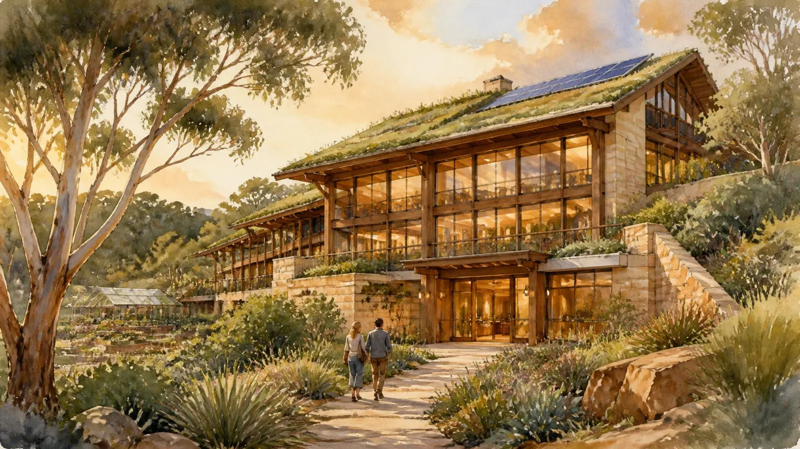 Solaria, Watercolour of a timber and stone building with a planted green roof and solar panels among gum trees, as two people walk up a garden path at golden hour