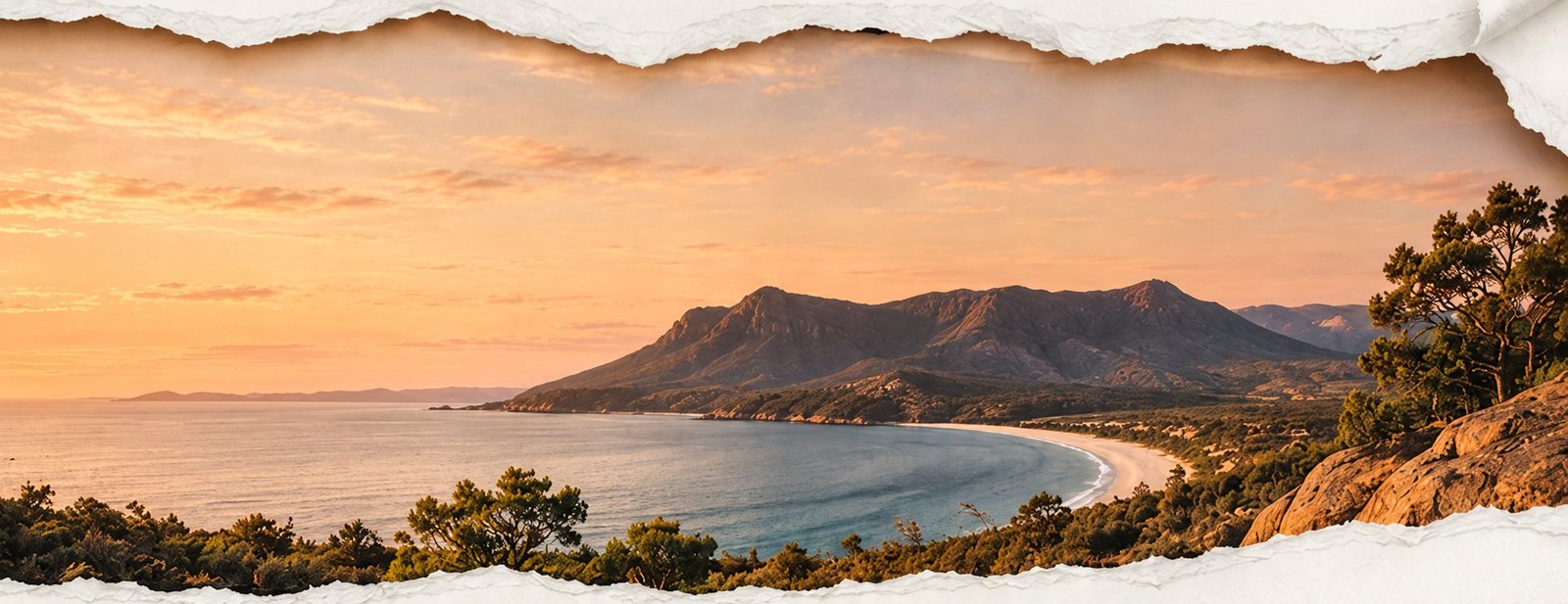 A sweeping coastal bay beneath rugged mountains at sunset, framed by cream torn-paper edges.