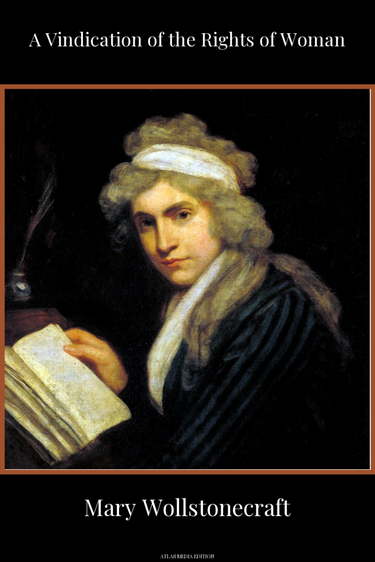 A Vindication of the Rights of Woman book cover, Atlas Media edition: John Opie's portrait of Mary Wollstonecraft at her writing desk, a white band in her powdered hair, one hand resting on an open book, with a quill and inkwell beside her.