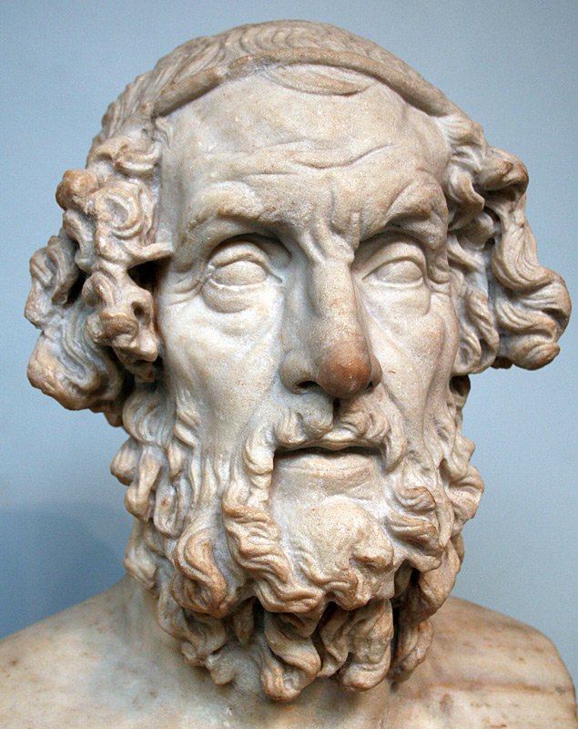 Marble bust of Homer in the British Museum: an old, bearded man with deep-set eyes and thick curling hair and beard