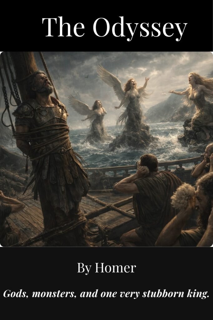 The Odyssey by Homer: Odysseus, bound to the mast of his ship, strains towards two winged Sirens rising from a stormy sea while his crew cover their ears.