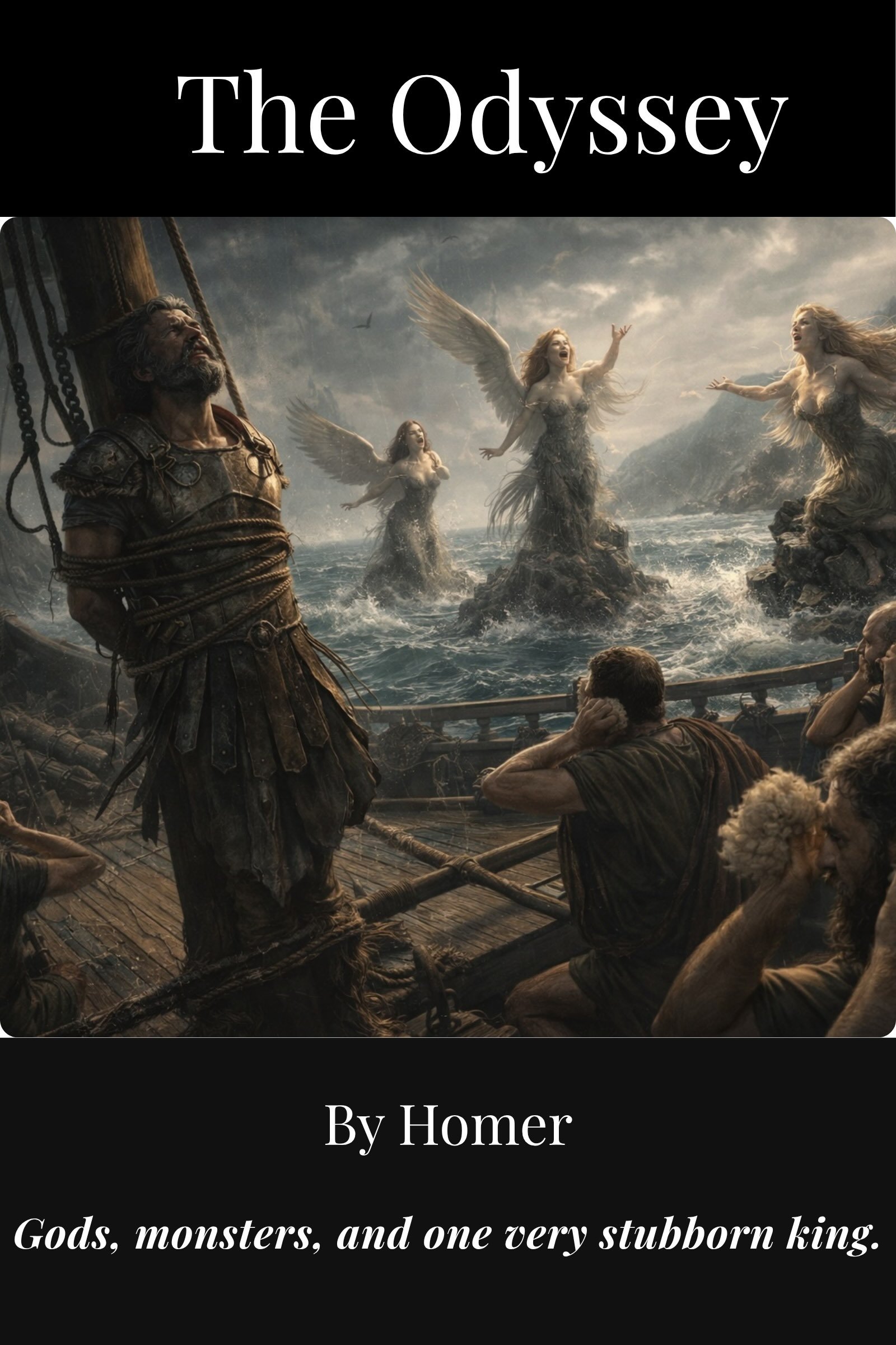 The Odyssey by Homer: Odysseus, bound to the mast of his ship, strains towards two winged Sirens rising from a stormy sea while his crew cover their ears.