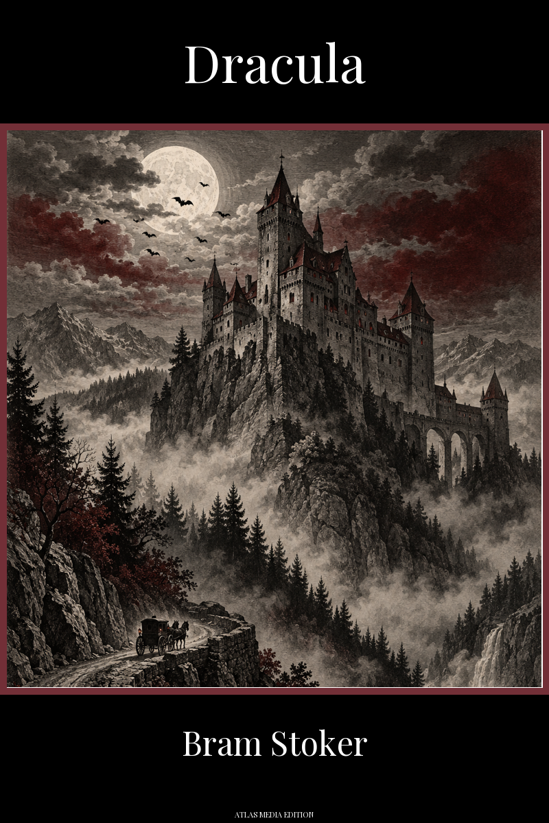 Dracula: Cover showing a Gothic castle above a misty mountain forest, with bats beneath a full moon.