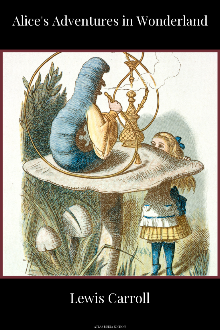 Alice's Adventures in Wonderland book cover, Atlas Media edition: John Tenniel's coloured illustration of a large blue caterpillar smoking a hookah on top of a mushroom while Alice, in a yellow dress and blue stockings, peers over the edge at him.